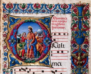 Piccolomini-kirjasto: kuorokirja, turska. 21.6, jj. 2r, jossa on Liberale da Verona (noin 1445 - 1527/9) "Saastaisen hengen karkottaminen". Yksityiskohta.