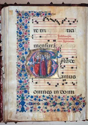 Piccolomini-kirjasto: kuorokirja, turska. 28.12, eteenpäin 94v "Neitsyt ja kaikki pyhät" kanssa, kirjoittaneet Francesco Rosselli ja Liberale da Verona (noin 1445 - 1527/9).