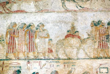 Beni-Hasanin hautausmaa. Khnumhotep III:n hauta. Yksityiskohta: aasialaista karavaania kuvaava seinämaalaus. Keski-valtakunta.