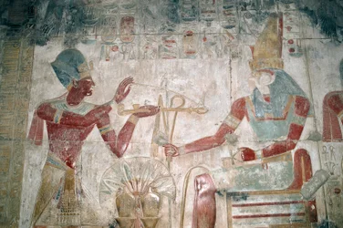 Egypti, Abydos, faarao Seti I:n temppeli, Osiriksen kappeli. Yksityiskohta, maalattu reliefi, Uusi kuningaskunta, dynastia XIX