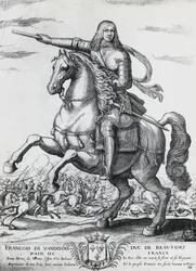 Ratsastusmuotokuva Francis Bourbon-Vendomesta (1616-1669), Beaufortin toisesta herttuasta ja ranskalaisesta kenraalista, Nicolas de La Fagen (1600?-1655) kaiverrus