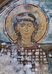 Fresko pyhimyksen kanssa bysanttilaisessa Agios Georgioksen kirkossa, Vathissa, Kreetalla, Kreikassa (kuva)