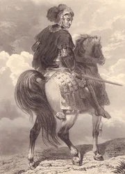 Italialainen sotapäällikkö ja poliitikko Gian Giacomo Trivulzio (1440-1518), kaiverrus, 22x16 cm, teoksesta Galerie Historique de Versailles, Histoire de France, kustantaja Charles Gavard, Pariisi, noin 1840