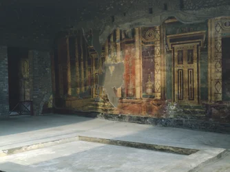Italia, Campania, Oplonti, Torre Annunziatan arkeologinen alue, Roomalainen Villa Poppaea, Freskot arkkitehtonisilla aiheilla toisessa pompeilaisessa tyylissä