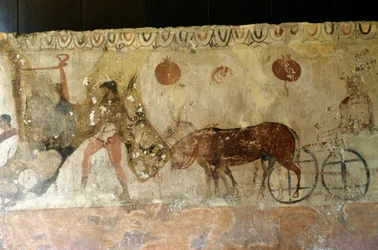 Matka alamaailmaan, fresko Andriuolo-Laghetton Nekropolista Paestumissa, Campaniassa, Italiassa, antiikin kreikkalainen sivilisaatio, Magna Graecia, 4. vuosisadalla eKr. (kuva)