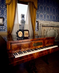 Piano Palazzo Barezzin olohuoneessa, Bussetossa, Emilia Romagnan alueella, Italiassa
