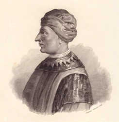 Italialaisen sotapäällikön Can Francesco della Scalan, joka tunnetaan myös nimellä Cangrande I (1291-1329), muotokuva, Eugenio Silvestrin kuparikaiverrus