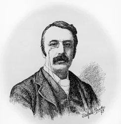 Irlantilaisen säveltäjän ja kapellimestari Sir Charles Villiers Stanfordin (1852-1924) muotokuva, kaiverrus Dorofield Hardyn (1853-1937) piirtämänä