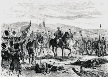 Romanian prinssi Carol tarkastamassa joukkoja Plevenin neljännen taistelun jälkeen, Venäjän ja Turkin välinen sota