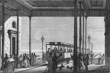 Juna lähtee Venezia Santa Lucian rautatieasemalta, Venetsia, Italia, kaiverrus