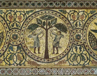 Kaksi metsästäjää jousilla, yksityiskohta mosaiikista