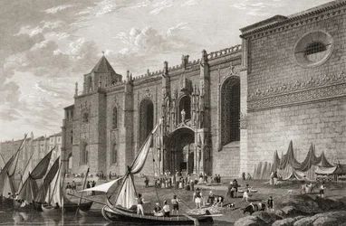 Mosteiro dos Jeronimos Belem, Lissabon, teoksesta Select Views of the Principal Cities of Europe, kaiverrettu J H Le Keux, julkaistu Lontoossa, 1832