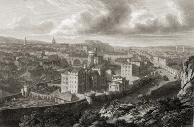 Näkymä Calton Hilliltä Edinburghista George Cooken kaivertamasta teoksesta Select Views of the Principal Cities of Europe, julkaistu Lontoossa, 1832