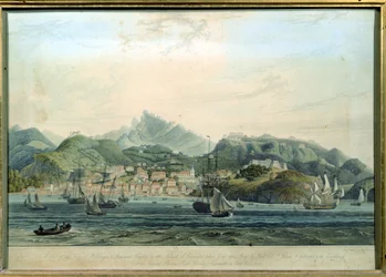 Näkymä St. Georgen kaupungista ja Richmond Heightsista Grenadan saarella, kaiverrettu William Daniell 1769-1837, n.1810 kaiverrus.