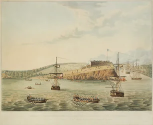Hyökkäys Fort Oswegoon, Ontariojärvi, Pohjois-Amerikka. 6. toukokuuta 1814, keskipäivä ja Myrskyntäyte Fort Oswego toisen pataljoonan kuninkaallisten merijalkaväen ja merimiesjoukon toimesta, 15 m yli kaksitoista keskipäivällä, kaiverrus R. Havell, 1815