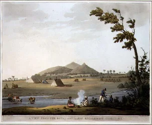 Näkymä kuninkaalliselta tykistöleiriltä, Conditore, levy 37 julkaisusta "Picturesque Scenery in the Kingdom of Mysore", kaivertanut Harraden, pubi. kirjoittanut Edward Orme (1774-n. 1820) 1804 (akvatinta)