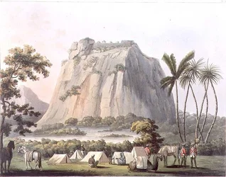 North View of Shole Ghurry, levy 32 kuvasta "Picturesque Scenery in the Kingdom of Mysore", kaiverrus Harradon, pubi. kirjoittanut Edward Orme (1774-n. 1820) 1805 (akvatinta)