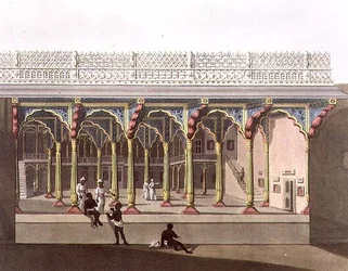 Tippoon palatsin länsirintama, Bangalore, levy 10 julkaisusta "Pictorial Scenery in the Kingdom of Mysore", kaiverruksen tehnyt Joseph Constantine Stadler (fl.1780-1812) pub. kirjoittanut Edward Orme (1774-c.1820) 1804 (akvatinta)
