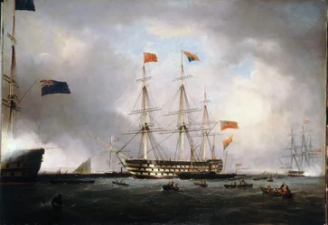 Yhdistyneen kuningaskunnan kuningatar Victorian (1.) (1819-1901) vierailu HMS "Queen" -aluksella Portsmouthissa (Englanti) 1. maaliskuuta.