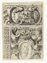 Cartouche jossa eläimen pää ja alla cartouche jossa Madonna ja lapsi Divertimenti di Livio Meus (sarjan nimi)