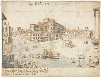 Kahdeksantoista näkymää Roomaan: Piazza Barberini recto..., 1665.