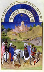Elokuun faksimile: Haukanmetsästys, teoksesta "Très Riches Heures du Duc de Berry"
