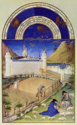 Heinäkuun faksimile: sadonkorjuu ja lampaiden keritseminen, teoksesta "Très Riches Heures du Duc de Berry"