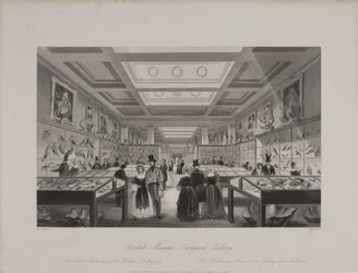 Näkymä eläintieteellisestä galleriasta, British Museum, jossa kävijät katselevat näyttelyitä, n. 1850 (kaiverrus)