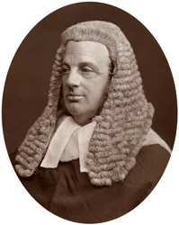 Oikealla Sir William Baliol Brett, muutoksenhakutuomioistuimen tuomari, 1877.