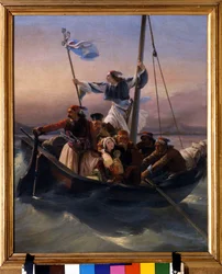 Kreikkalaisia laivalla. Allegoria Kreikasta matkalla kohti itsenäisyyttä osmanivallan ja Kreikan vapaussodan (1821-1830), eli Kreikan vallankumouksen, jälkeen. 1848, Verona