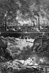 Leon Benettin piirros Jules Vernen kirjasta "Begumin 500 miljoonaa" - painos Hetzel/Extraordinary Voyages 1879. Näkymä "teräskaupunkiin", jättiläismäinen joukko tehtaita (masuunit - teräsvalimot).
