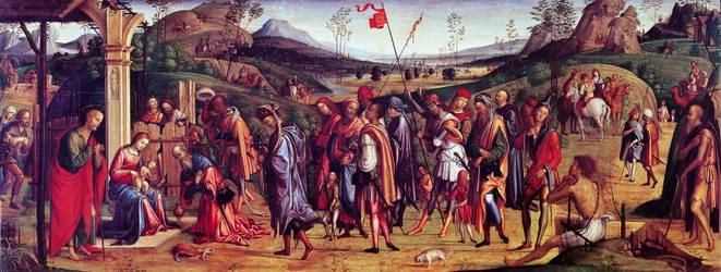 Lorenzo Costan (1460-1535) taikamiesten palvonta, öljy kankaalle, 75x181 cm