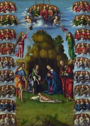 Lorenzo Costan (1460-1535) maalaus ""The Adoration of the Magi" 1499, koko 52x37 cm National Gallery, Lontoo