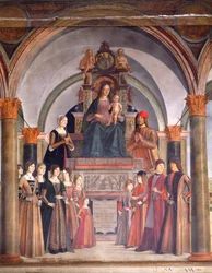 Madonna ja lapsi enkelien kanssa, kirjoittanut Lorenzo Costa (n. 1537-1583), Bentivoglio-kappeli San Giacomo Maggioren kirkossa, Bologna, Italia