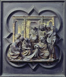 Kristus lääkäreiden joukossa, San Giovannin kastekappelin pohjoisten ovien neljäs paneeli, 1403-24 (pronssi)