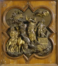 Iisakin uhraaminen. Paratiisin portin alkuperäinen paneeli (kastekappelin itäinen ovi), restauroinnin jälkeen. Lorenzo Ghibertin (1378-1455) kullattua pronssia, 1425-52. Museo del Bargello, Firenze.