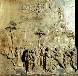 Mooses vastaanottaa lain taulukot Paratiisin portin alkuperäinen paneeli (baptisteren itäinen portti), kunnostuksen jälkeen. Kultapronssi, Lorenzo Ghiberti (1378-1455)