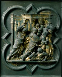 Pohjoinen portti (pohjoisessa Ristin portti), ulkoinen yksityiskohta: ""Jeesus jahtaa kauppiaita temppelistä""" Lorenzo Ghibertin (1378-1455) tekemä pronssiveistos