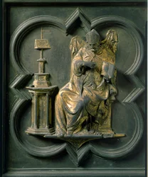 Pohjoinen portti (nimeltään Ristin portti, pohjoisessa), ulkopuoli: Pyhä Augustinus. Lorenzo Ghibertin (1378-1455) tekemä pronssiveistos