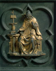 Pohjoinen portti (nimeltään Ristin portti, pohjoisessa), ulkopuoli: Saint Gregoire Suuri. Lorenzo Ghibertin (1378-1455) tekemä pronssiveistos