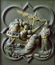 Pohjoinen portti (nimeltään Ristin portti, pohjoisessa), ulkoinen yksityiskohta: Kristus kävelee veden päällä. Lorenzo Ghibertin (1378-1455) tekemä pronssiveistos