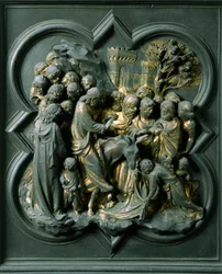Pohjoinen portti (pohjoisessa Ristin portti), ulkopuoli: "" Jerusalemin sisäänkäynti"" Lorenzo Ghibertin (1378-1455) tekemä pronssiveistos