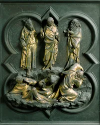 North Porte (pohjoisessa Ristin portti), ulkoinen yksityiskohta: "" Kirkastus"" Pronssiveistos, Lorenzo Ghiberti (1378-1455)