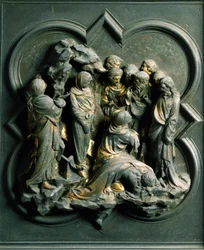 North Porte (kutsutaan Ristin portiksi, pohjoisessa), ulkoinen yksityiskohta: "" Lasaruksen ylösnousemus""" Lorenzo Ghibertin (1378-1455) tekemä pronssiveistos