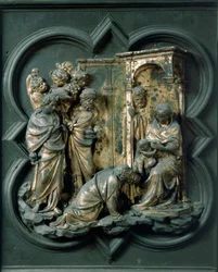 North Porte (nimeltään Ristin portti, pohjoisessa), ulkopuoli: Maagien palvonta. Lorenzo Ghibertin (1378-1455) tekemä pronssiveistos