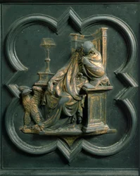 North Porte (nimeltään Ristin portti, pohjoisessa), ulkopuoli: Pyhän Johanneksen evankelista. Lorenzo Ghibertin (1378-1455) tekemä pronssiveistos