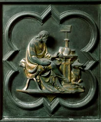 North Porte (nimeltään Ristin portti, pohjoisessa), ulkopuoli: Pyhän Luukkaan evankelista. Lorenzo Ghibertin (1378-1455) tekemä pronssiveistos
