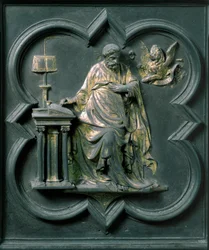 North Porte (nimeltään Ristin portti, pohjoisessa), ulkopuoli: Pyhä Markus. Lorenzo Ghibertin (1378-1455) tekemä pronssiveistos