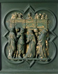 North Porte (nimeltään Porte de la Croix, pohjoisessa), ulkopuoli: "" Helluntai"" Pronssiveistos, jonka on tehnyt Lorenzo Ghiberti (1378-1455)