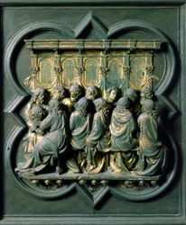 North Porte (nimeltään Porte de la Croix, pohjoisessa), yksityiskohta: "" la Cene"" Pronssiveistos, jonka on tehnyt Lorenzo Ghiberti (1378-1455)